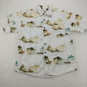 Summa Mens SizeL Button Up Linen Shirt Sailboat AOP Pocket Fishing Short Sleeve